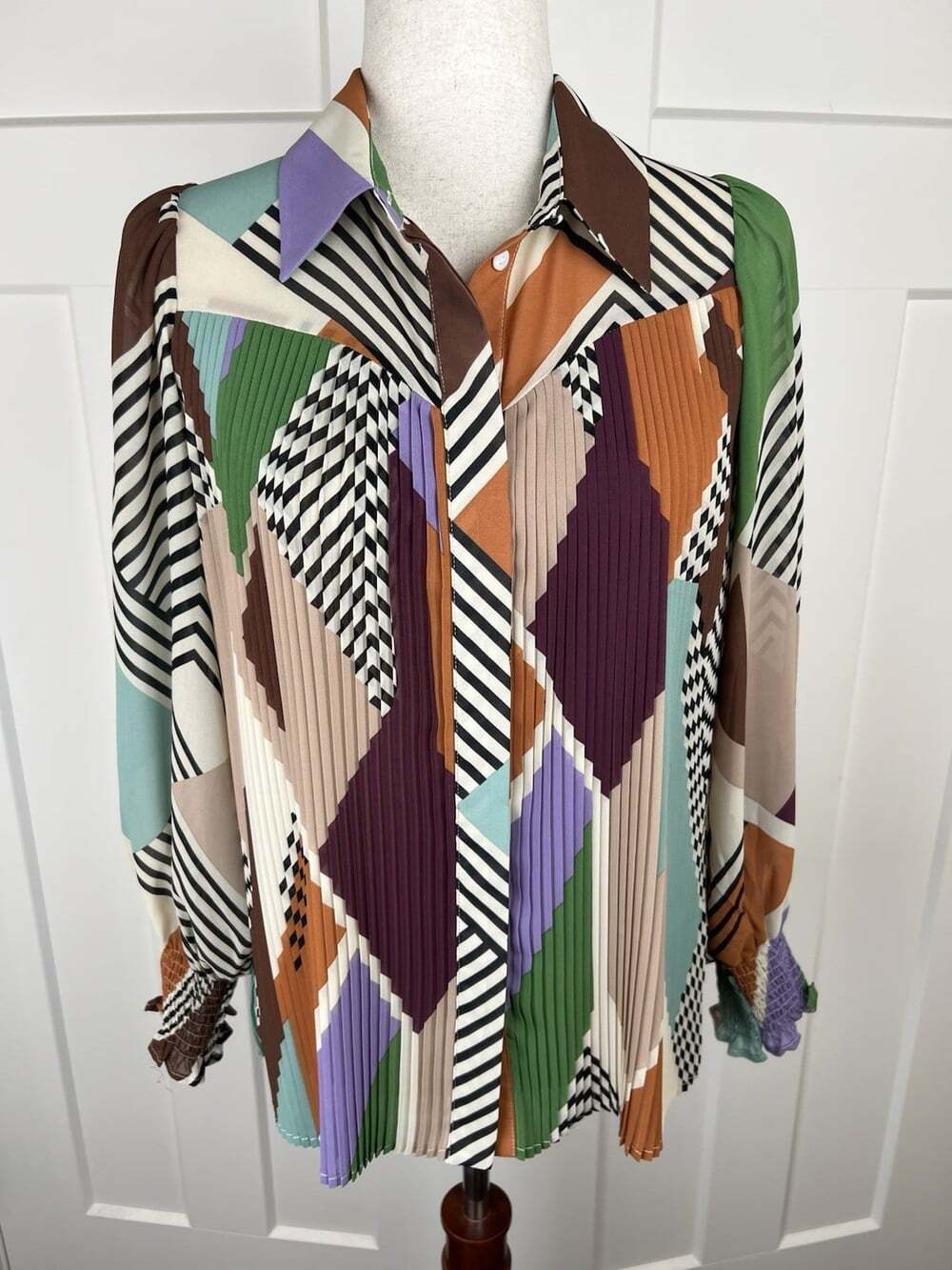 Suncoo Paris Lisone Blouse T0 S M Pleated Geometric Print Balloon Sleeve